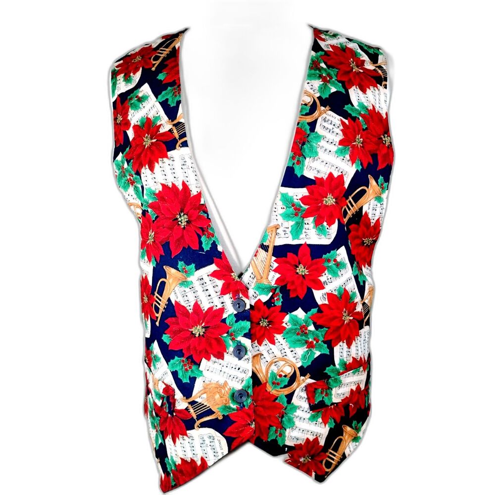 Vtg Womens 90s Holiday Vest Christmas Angel Trumpets Music Pointsettias Tie Back